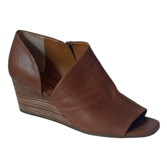 Lucky Brand Tylera Brown Leather Peep Toe Wedge Sandals Size 10M Zip Side - Picture 1 of 9